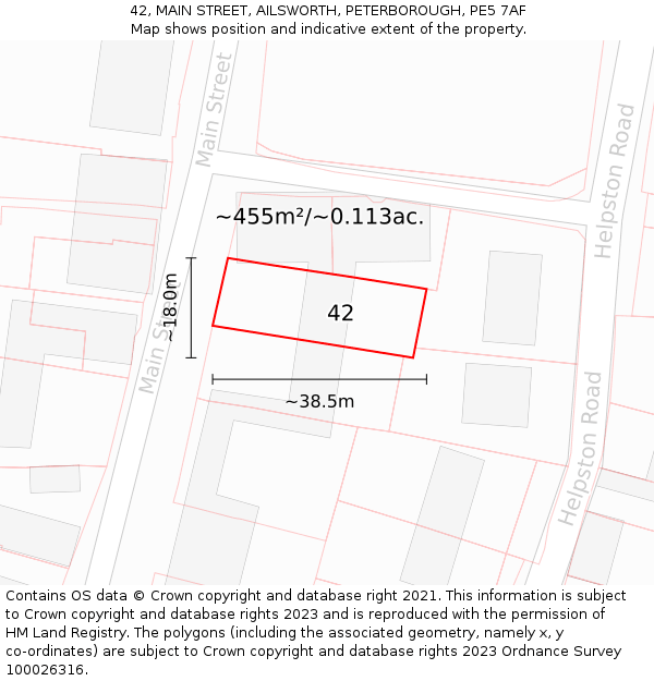 42, MAIN STREET, AILSWORTH, PETERBOROUGH, PE5 7AF: Plot and title map