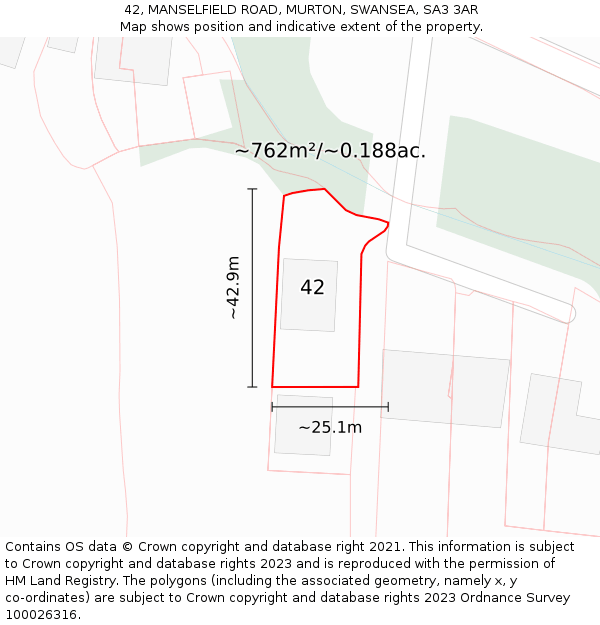 42, MANSELFIELD ROAD, MURTON, SWANSEA, SA3 3AR: Plot and title map