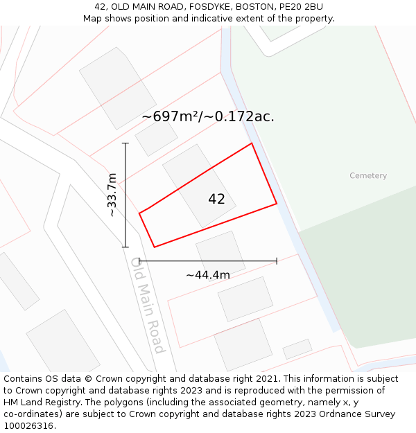 42, OLD MAIN ROAD, FOSDYKE, BOSTON, PE20 2BU: Plot and title map