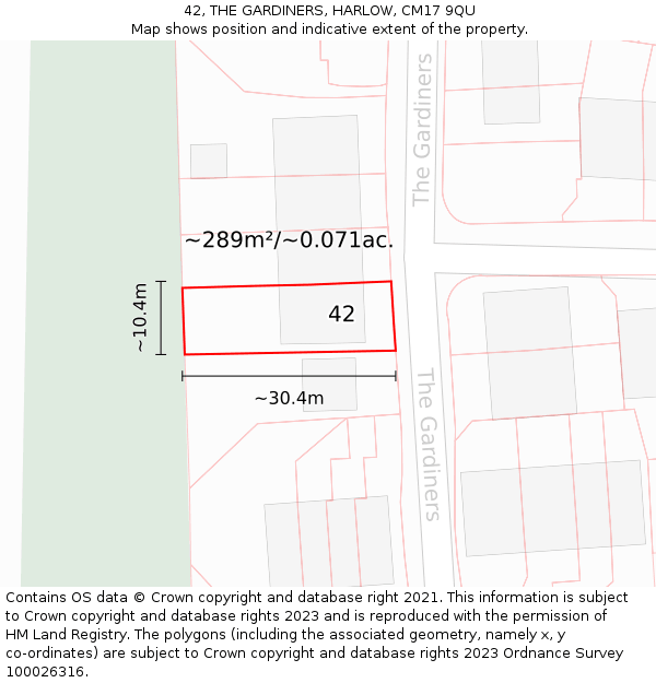 42, THE GARDINERS, HARLOW, CM17 9QU: Plot and title map