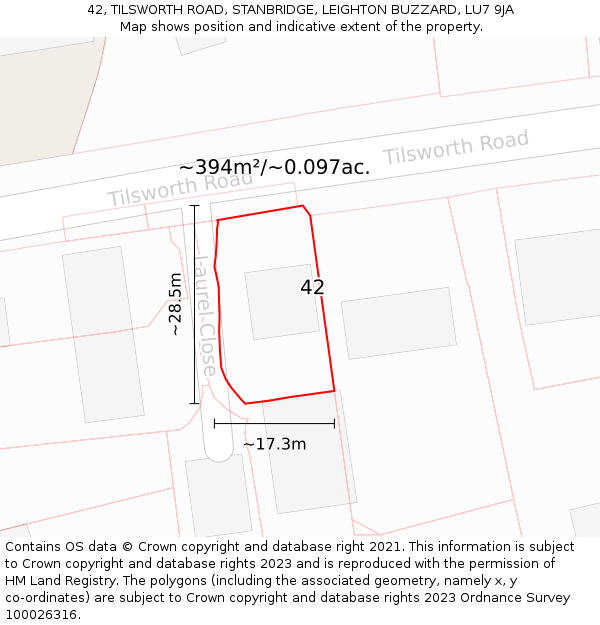 42, TILSWORTH ROAD, STANBRIDGE, LEIGHTON BUZZARD, LU7 9JA: Plot and title map