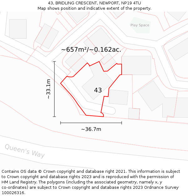 43, BRIDLING CRESCENT, NEWPORT, NP19 4TU: Plot and title map