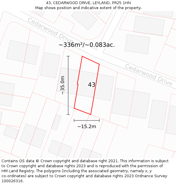 43, CEDARWOOD DRIVE, LEYLAND, PR25 1HN: Plot and title map