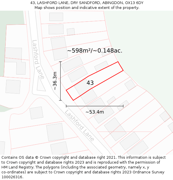 43, LASHFORD LANE, DRY SANDFORD, ABINGDON, OX13 6DY: Plot and title map