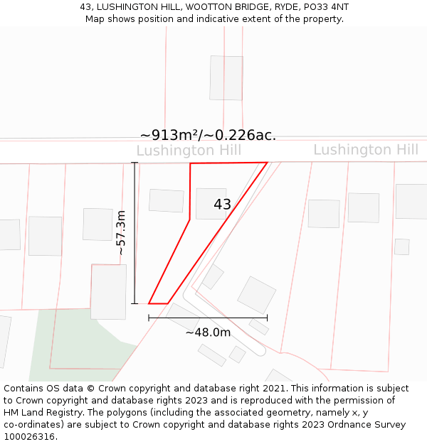 43, LUSHINGTON HILL, WOOTTON BRIDGE, RYDE, PO33 4NT: Plot and title map