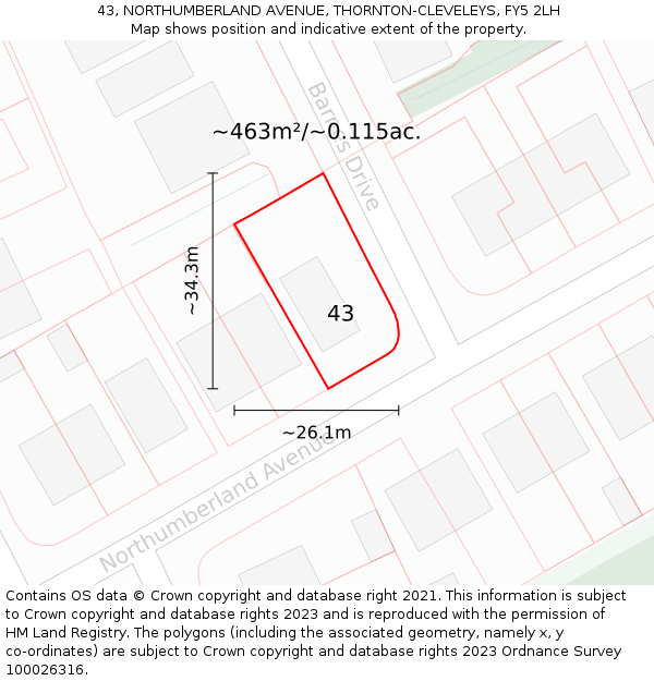 43, NORTHUMBERLAND AVENUE, THORNTON-CLEVELEYS, FY5 2LH: Plot and title map