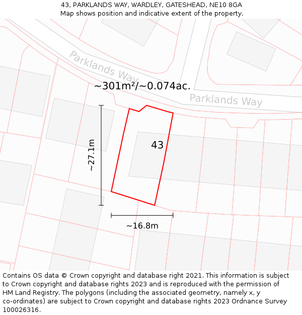 43, PARKLANDS WAY, WARDLEY, GATESHEAD, NE10 8GA: Plot and title map