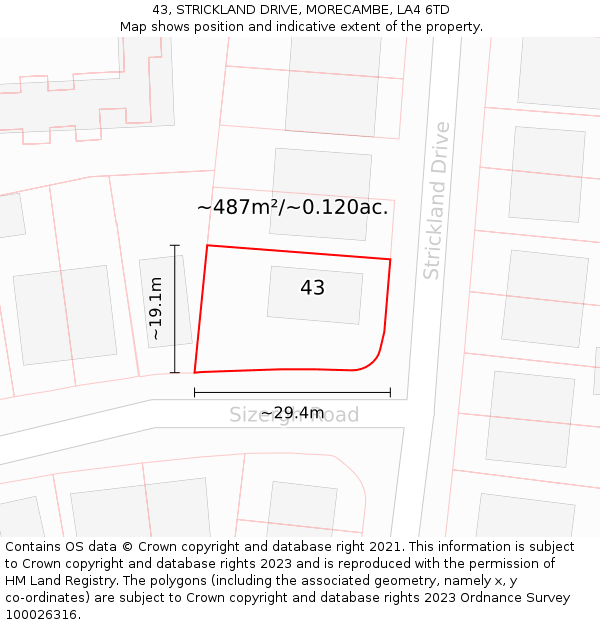 43, STRICKLAND DRIVE, MORECAMBE, LA4 6TD: Plot and title map