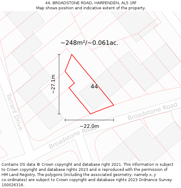 44, BROADSTONE ROAD, HARPENDEN, AL5 1RF: Plot and title map