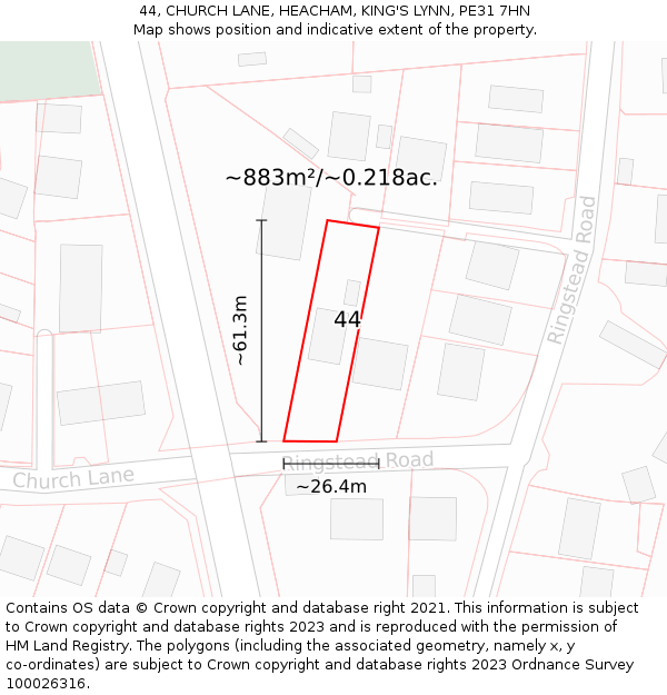 44, CHURCH LANE, HEACHAM, KING'S LYNN, PE31 7HN: Plot and title map