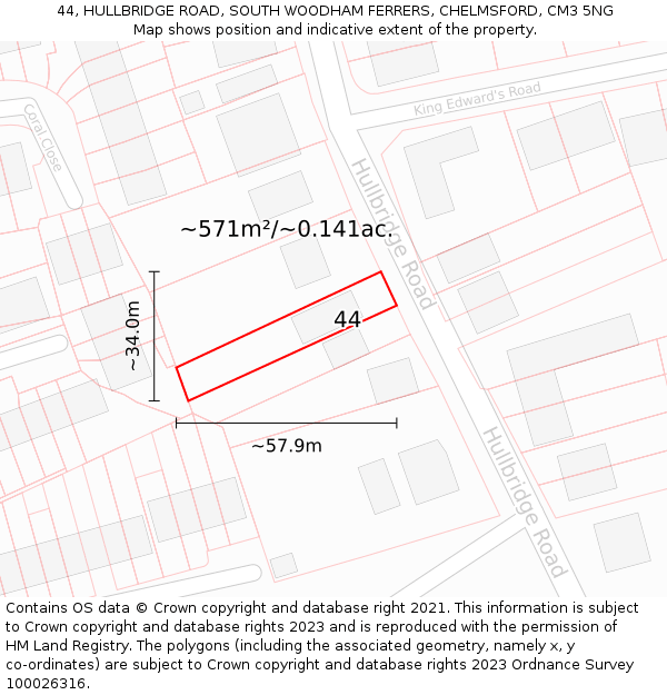 44, HULLBRIDGE ROAD, SOUTH WOODHAM FERRERS, CHELMSFORD, CM3 5NG: Plot and title map