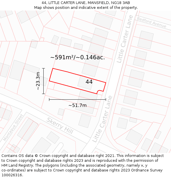 44, LITTLE CARTER LANE, MANSFIELD, NG18 3AB: Plot and title map