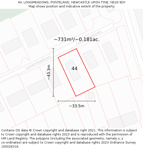 44, LONGMEADOWS, PONTELAND, NEWCASTLE UPON TYNE, NE20 9DY: Plot and title map