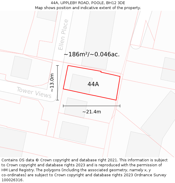 44A, UPPLEBY ROAD, POOLE, BH12 3DE: Plot and title map