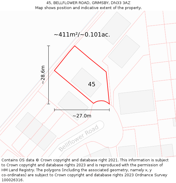 45, BELLFLOWER ROAD, GRIMSBY, DN33 3AZ: Plot and title map