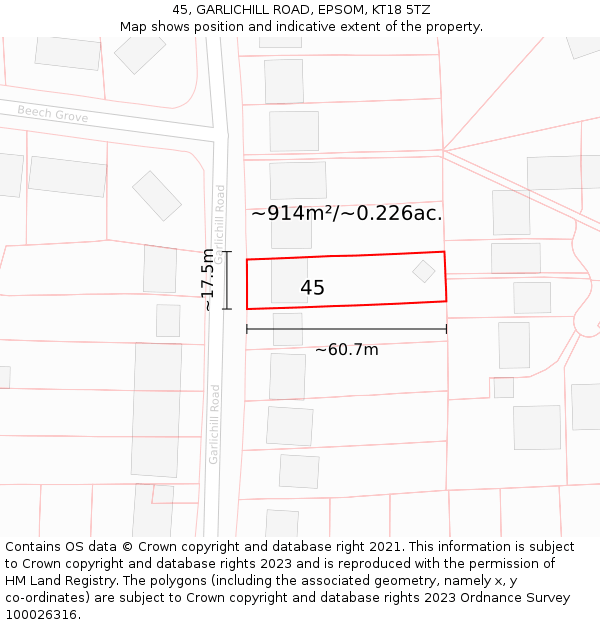 45, GARLICHILL ROAD, EPSOM, KT18 5TZ: Plot and title map