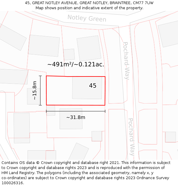 45, GREAT NOTLEY AVENUE, GREAT NOTLEY, BRAINTREE, CM77 7UW: Plot and title map