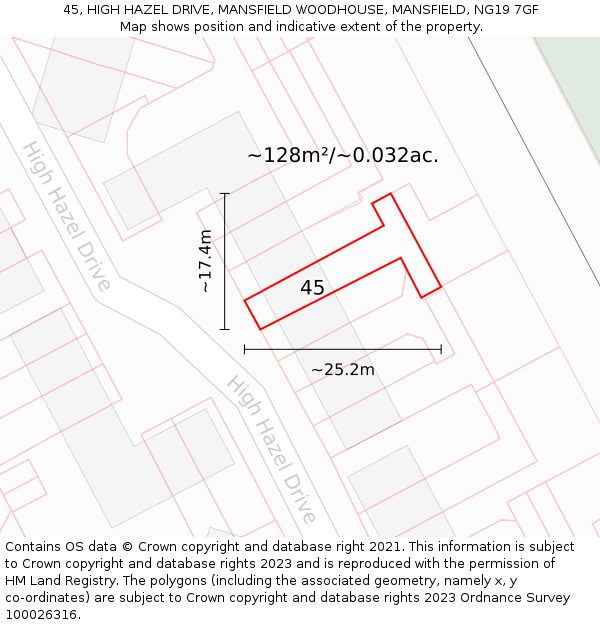 45, HIGH HAZEL DRIVE, MANSFIELD WOODHOUSE, MANSFIELD, NG19 7GF: Plot and title map