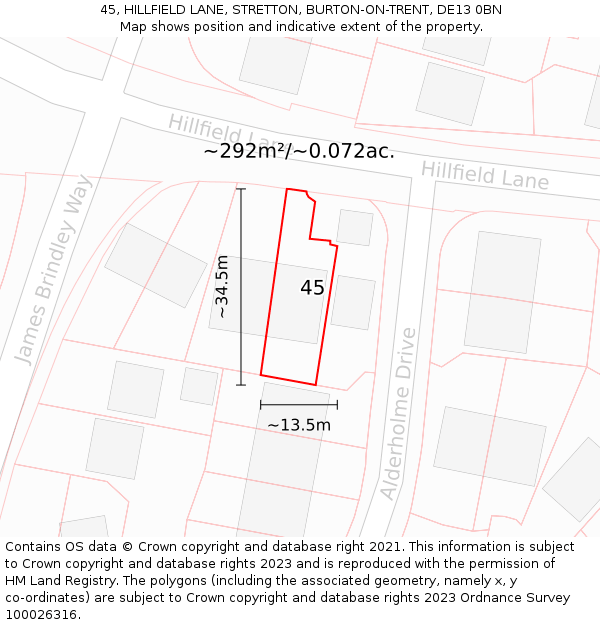 45, HILLFIELD LANE, STRETTON, BURTON-ON-TRENT, DE13 0BN: Plot and title map