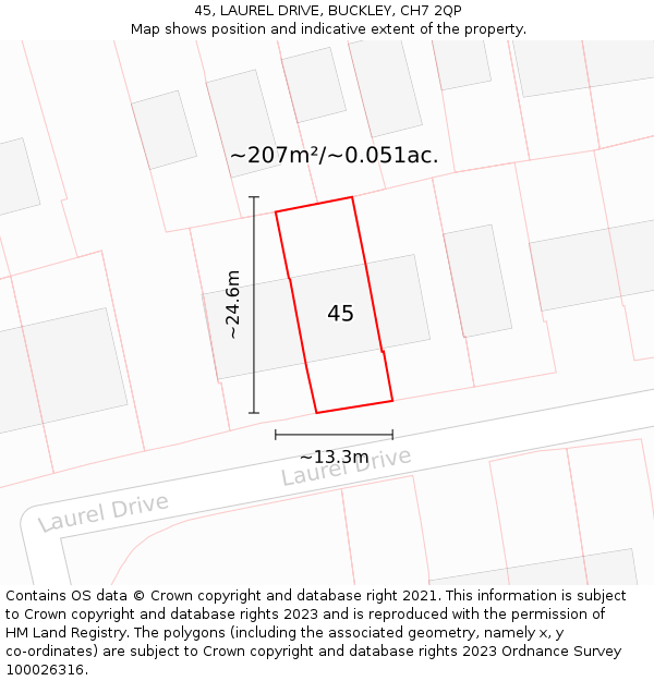 45, LAUREL DRIVE, BUCKLEY, CH7 2QP: Plot and title map