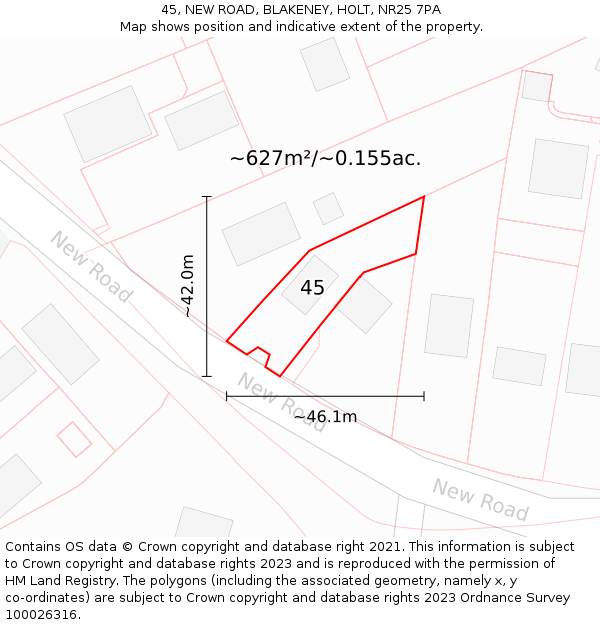 45, NEW ROAD, BLAKENEY, HOLT, NR25 7PA: Plot and title map