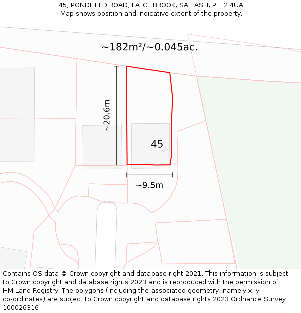 45, PONDFIELD ROAD, LATCHBROOK, SALTASH, PL12 4UA: Plot and title map