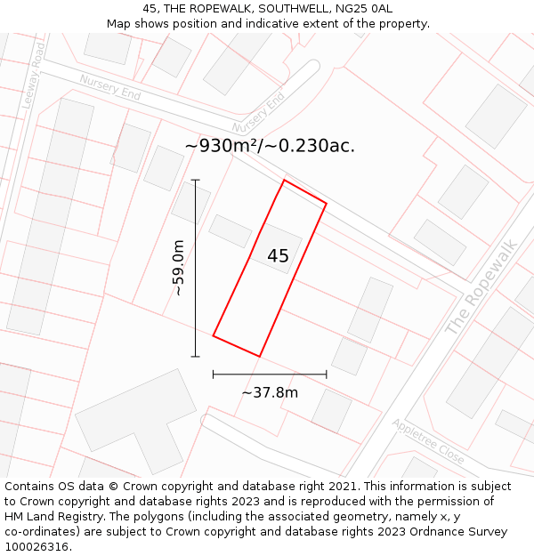 45, THE ROPEWALK, SOUTHWELL, NG25 0AL: Plot and title map