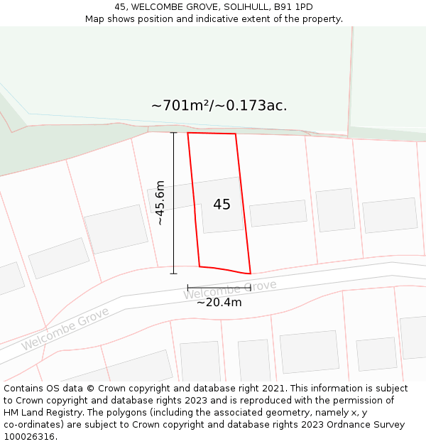 45, WELCOMBE GROVE, SOLIHULL, B91 1PD: Plot and title map