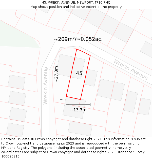 45, WREKIN AVENUE, NEWPORT, TF10 7HQ: Plot and title map