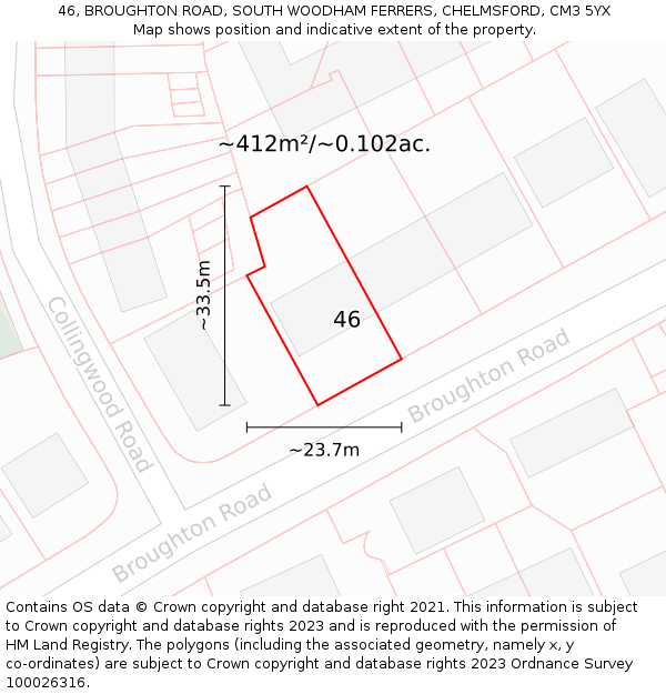 46, BROUGHTON ROAD, SOUTH WOODHAM FERRERS, CHELMSFORD, CM3 5YX: Plot and title map