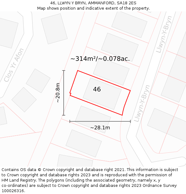 46, LLWYN Y BRYN, AMMANFORD, SA18 2ES: Plot and title map