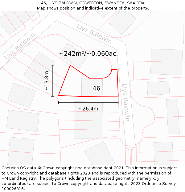 46, LLYS BALDWIN, GOWERTON, SWANSEA, SA4 3DX: Plot and title map