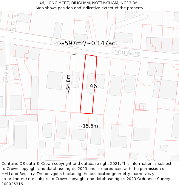 46, LONG ACRE, BINGHAM, NOTTINGHAM, NG13 8AH: Plot and title map