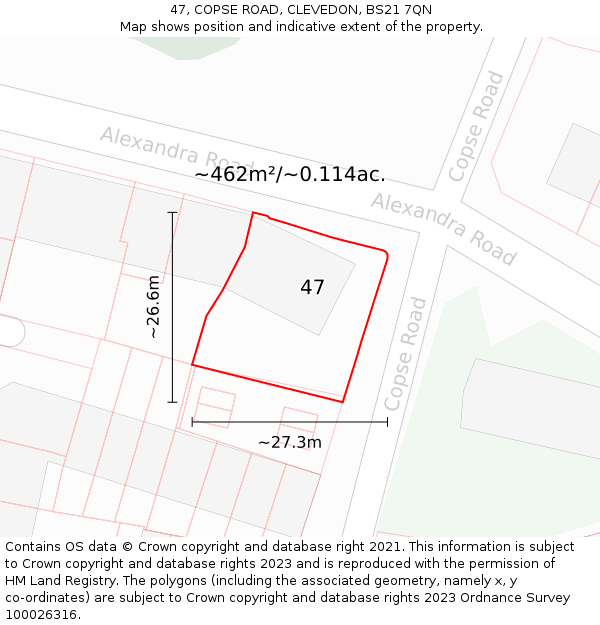 47, COPSE ROAD, CLEVEDON, BS21 7QN: Plot and title map