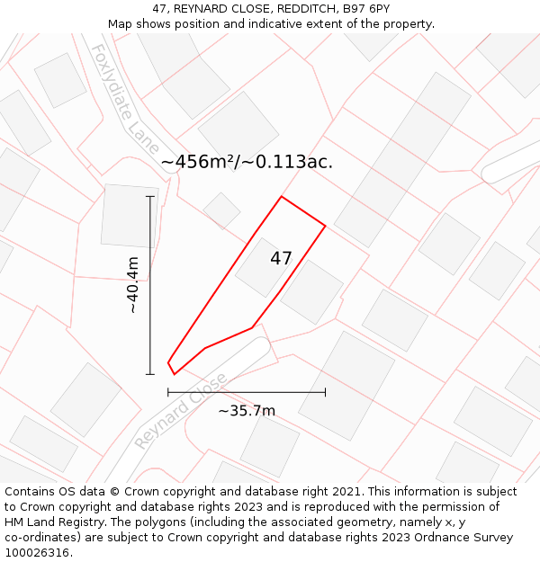 47, REYNARD CLOSE, REDDITCH, B97 6PY: Plot and title map