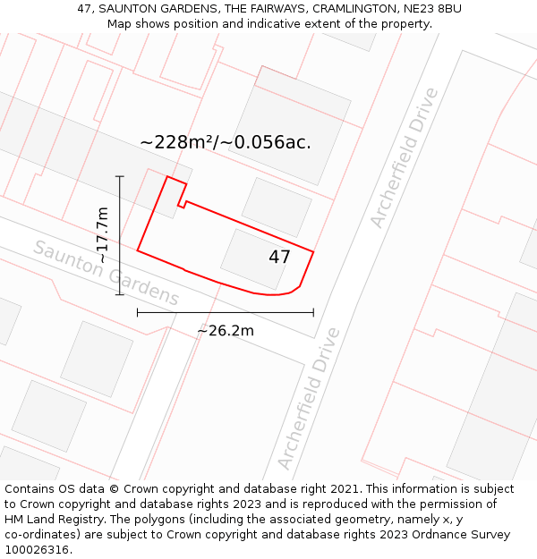 47, SAUNTON GARDENS, THE FAIRWAYS, CRAMLINGTON, NE23 8BU: Plot and title map