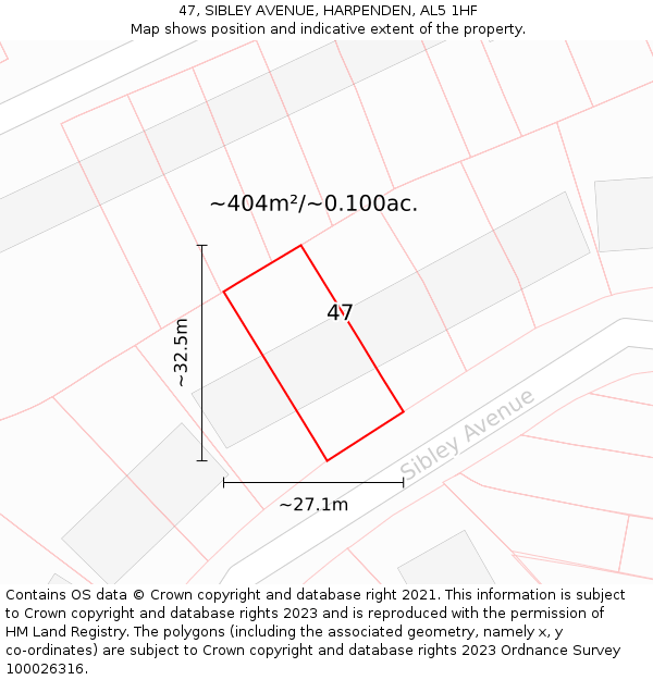 47, SIBLEY AVENUE, HARPENDEN, AL5 1HF: Plot and title map