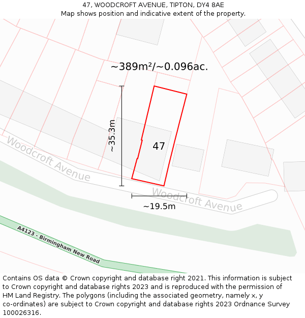 47, WOODCROFT AVENUE, TIPTON, DY4 8AE: Plot and title map