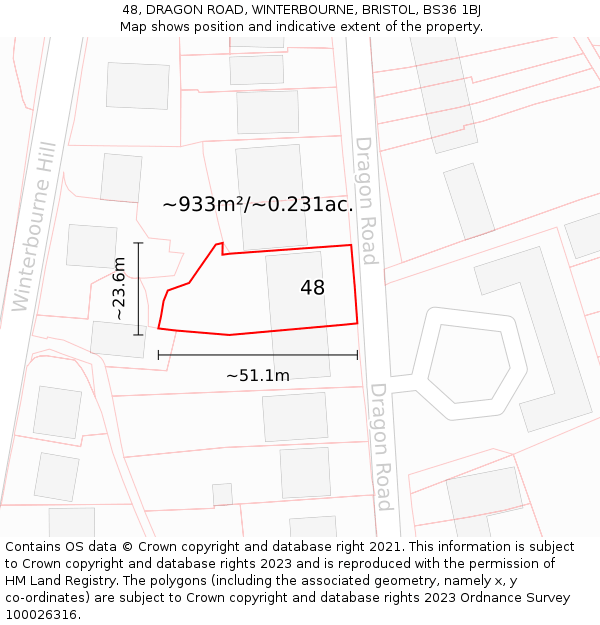 48, DRAGON ROAD, WINTERBOURNE, BRISTOL, BS36 1BJ: Plot and title map