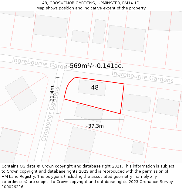 48, GROSVENOR GARDENS, UPMINSTER, RM14 1DJ: Plot and title map