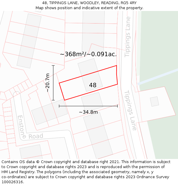 48, TIPPINGS LANE, WOODLEY, READING, RG5 4RY: Plot and title map