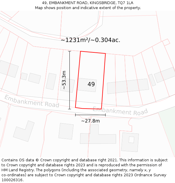 49, EMBANKMENT ROAD, KINGSBRIDGE, TQ7 1LA: Plot and title map