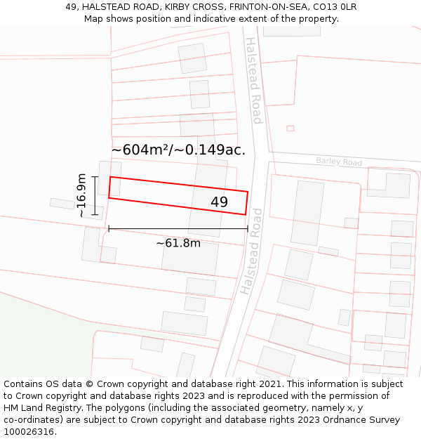 49, HALSTEAD ROAD, KIRBY CROSS, FRINTON-ON-SEA, CO13 0LR: Plot and title map