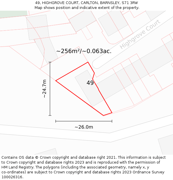 49, HIGHGROVE COURT, CARLTON, BARNSLEY, S71 3RW: Plot and title map