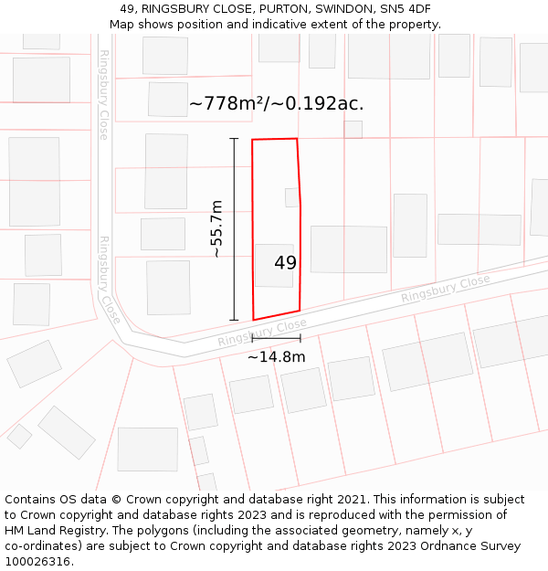 49, RINGSBURY CLOSE, PURTON, SWINDON, SN5 4DF: Plot and title map