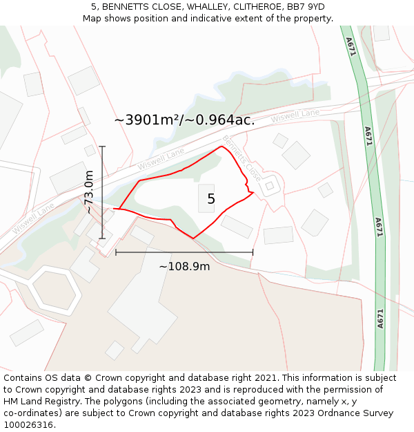 5, BENNETTS CLOSE, WHALLEY, CLITHEROE, BB7 9YD: Plot and title map