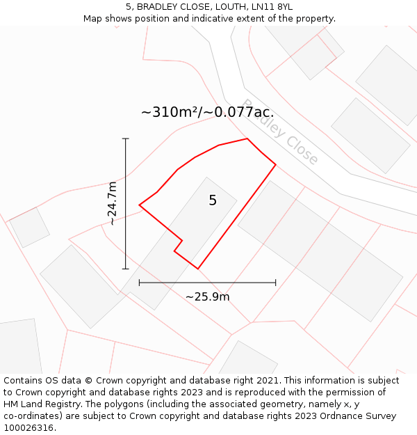 5, BRADLEY CLOSE, LOUTH, LN11 8YL: Plot and title map