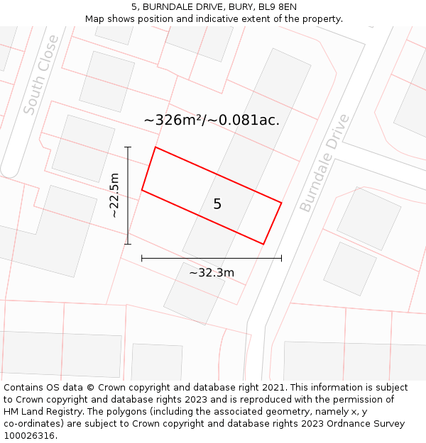 5, BURNDALE DRIVE, BURY, BL9 8EN: Plot and title map