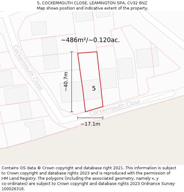 5, COCKERMOUTH CLOSE, LEAMINGTON SPA, CV32 6NZ: Plot and title map