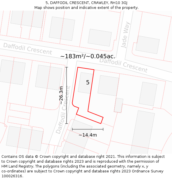 5, DAFFODIL CRESCENT, CRAWLEY, RH10 3GJ: Plot and title map